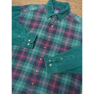 GAP Green Plaid Flannel Shirt Corduroy Sleeves & Collar Sz L 90s Y2K Cabincore